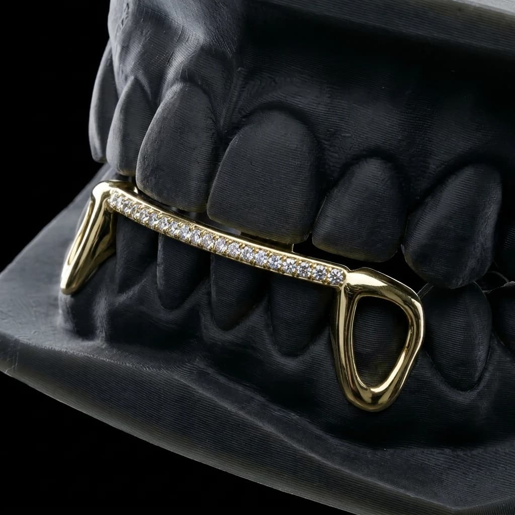 Window Bridge — open-face canines bridged by an iced bar, in 18K yellow gold